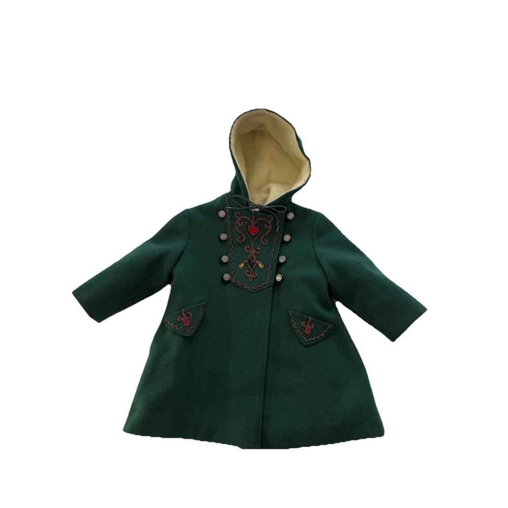 Rothschild Kids 50s Vintage Wool Coat Green Heart Tyrolean Hooded Xs-S Read